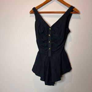 Basic Editions vintage one-piece skirted swimsuit featuring button detailing and
